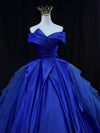 Off Shoulder Tulle Satin Blue Long Prom Gown, Blue Long Evening Dress
