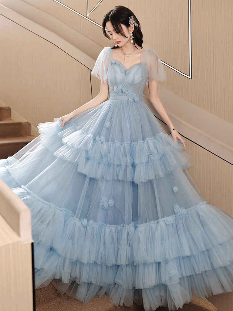 A-Line Tulle Blue Long Prom Dress, Blue Tulle Long Evening Formal Dres
