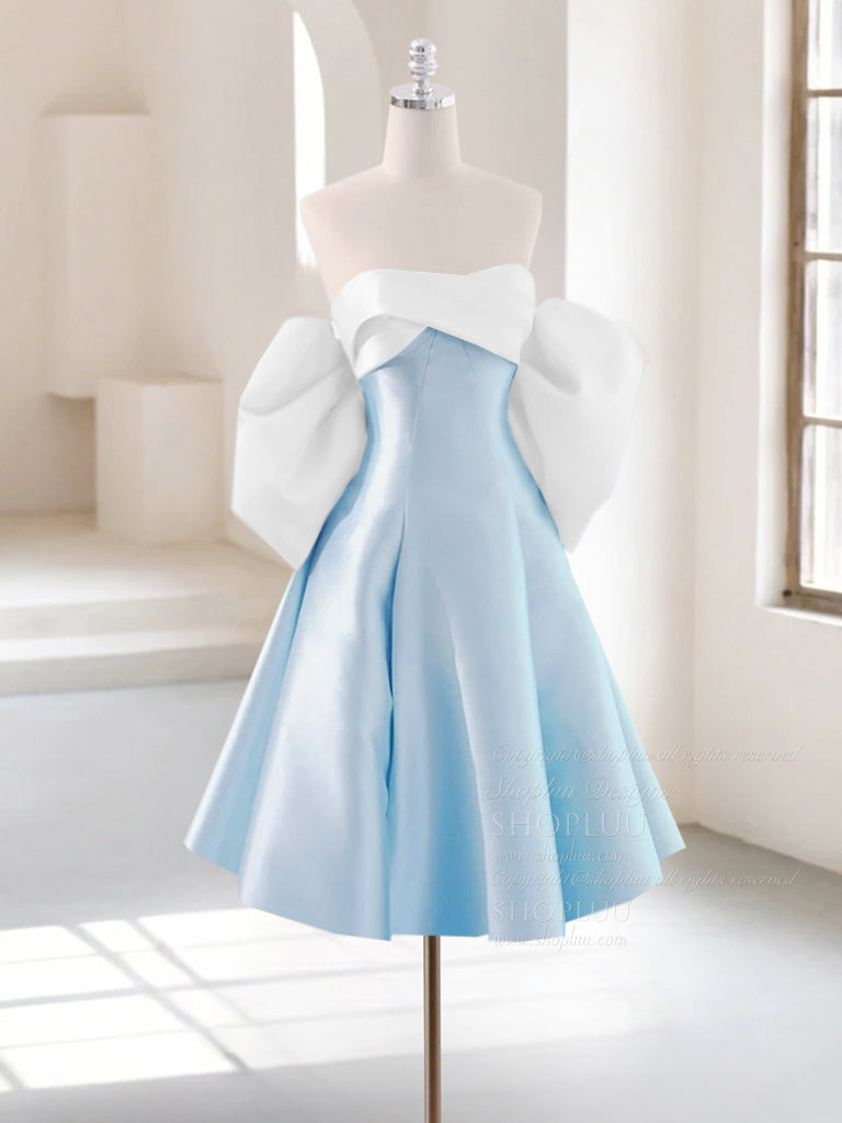 A-Line Sweetheart Neck White/ Blue Short Prom Dress, Cute Homecoming D