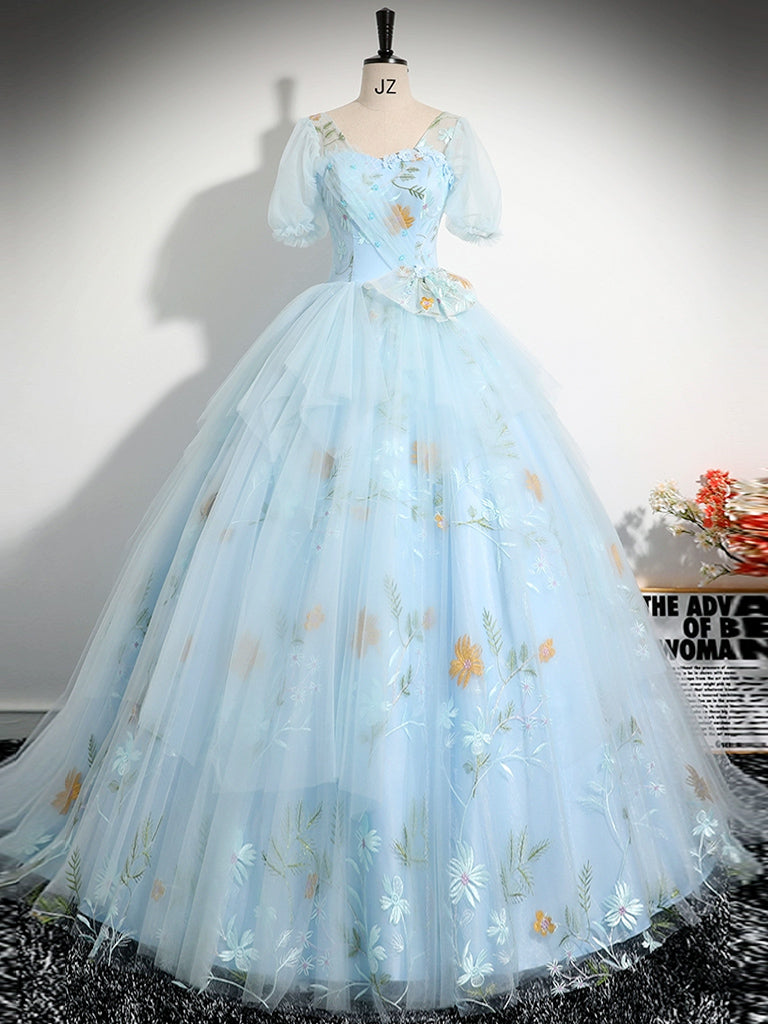 A-Line V Neck Tulle Lace Blue Long Prom Dress, Blue Lace Long Formal Dress