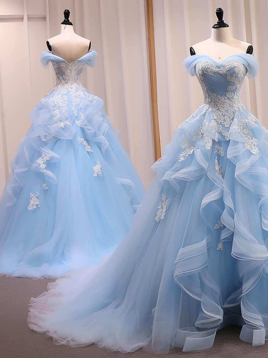 A-Line Sweetheart Neck Tulle Lace Blue Long Prom Dress, Blue Sweet 16 Dress