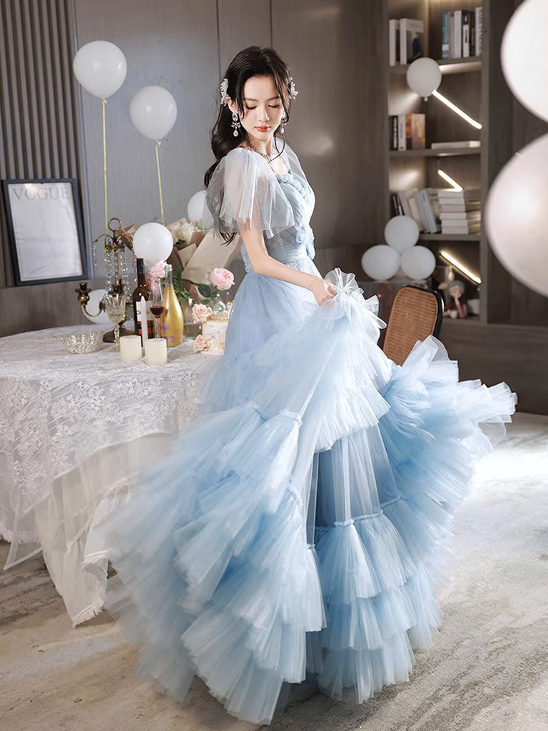 A-Line Tulle Blue Long Prom Dress, Blue Tulle Long Evening Formal Dress US 12 / Blue