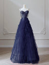 A-Line Sweetheart Neck Tulle Dark Blue Long Prom Dress, Dark Blue Long Graduation Dress with Beads