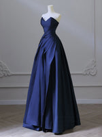 A-Line V Neck Satin Dark Blue Long Prom Dress, Dark Blue Long Formal Dress