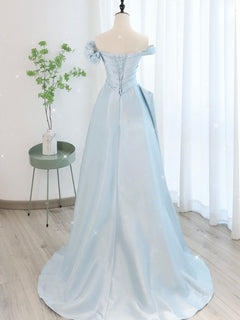 A-Line Off Shoulder Satin Tulle Blue Long Prom Dress, Blue Long Formal Dress