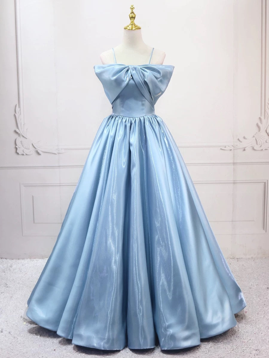 A-Line Satin Blue Long Prom Dress, Blue Long Formal Dress
