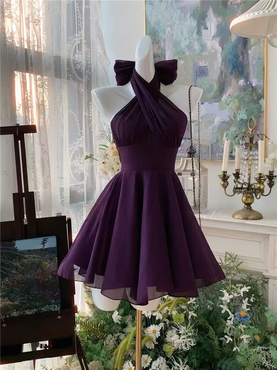 Simple A-line Chiffon Purple Short Prom Dress, Purple Homecoming dress