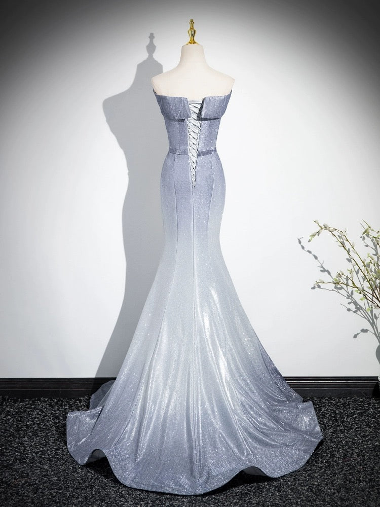 grey fishtail prom dress ZAPAKA Women Grey Blue Prom Dress Beaded Corset Spaghetti Straps Satin Ruched Mermaid Long Evening Dress, Grey Blue / L