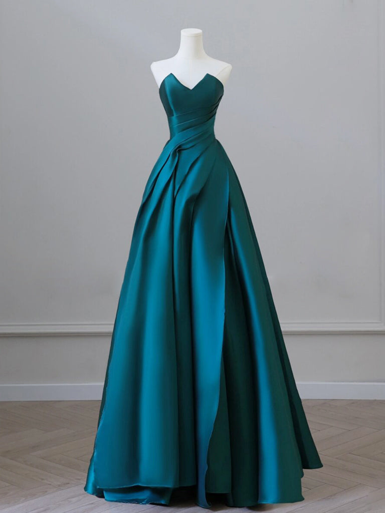 A-Line Strapless Satin Peacock Blue Long Prom Dress, Simple Peacock Blue Evening Dress