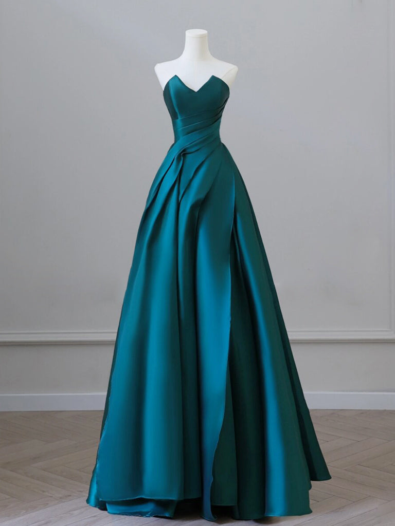 A-Line Strapless Satin Peacock Blue Long Prom Dress, Simple