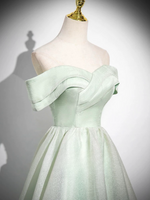 A-Line Off Shoulder Tulle Green Long Prom Dress, Green Long Formal Dress