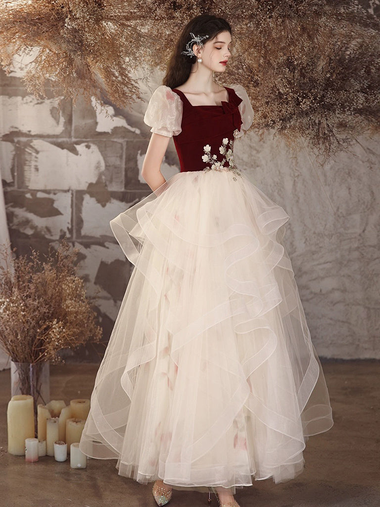 A-Line Tulle Velvet Burgundy/Champagne Long Prom Dress, Cute Sweet 16 – shopluu
