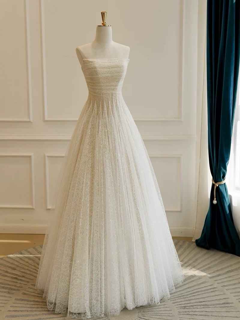 A-Line Tulle Lace Light Champagne Long Prom Dress, Light Champagne Long Formal Dress