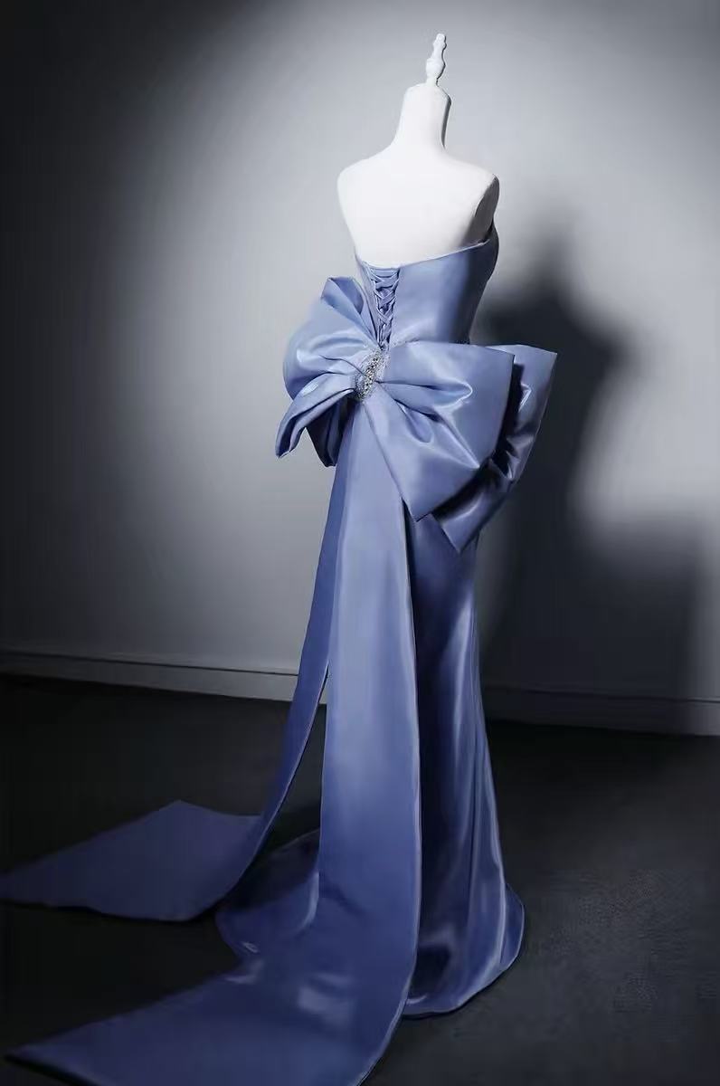 Mermaid Satin Beads Blue Long Prom Dress with Bow