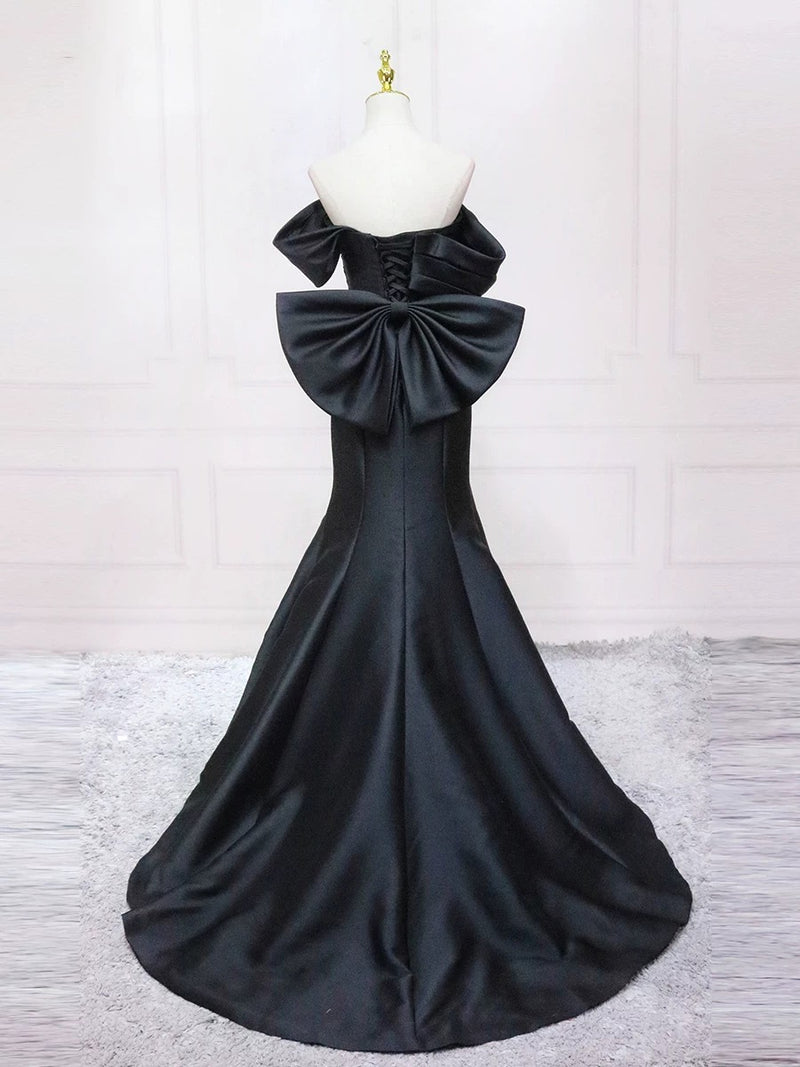 Mermaid Off Shoulder Satin Black Long Prom Dress, Black Long Formal Dress