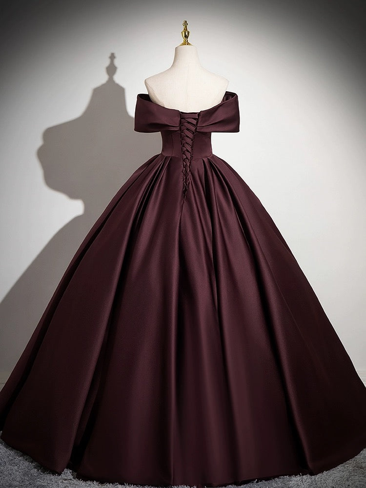 maroon and burgundy prom dresses Chic Off Shoulder Floor Length Satin Lace Burgundy Prom Dress PG897