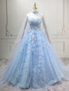 A-Line Sweetheart Neck Lace Blue Long Prom Dress, Blue Sweet 16 Dress