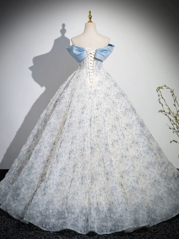 Blue Tulle Printing Floor Length Prom Dress, Off the Shoulder Backless Evening Dress US 8 / Blue Blue Tulle Printing Floor Length Prom Dress, Off the Shoulder Backless Evening Dress US 8 / Blue