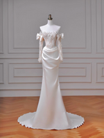Mermaid Satin Lace ivory Long Formal Dress, ivory Evening Dress