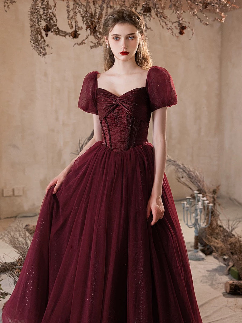 Burgundy Shiny Tulle Floor Length Prom Dress, Pretty A-Line Short Sleeve Party Dress US 16 / Custom Color Burgundy Shiny Tulle Floor Length Prom Dress, Pretty A-Line Short Sleeve Party Dress US 16 / Custom Color