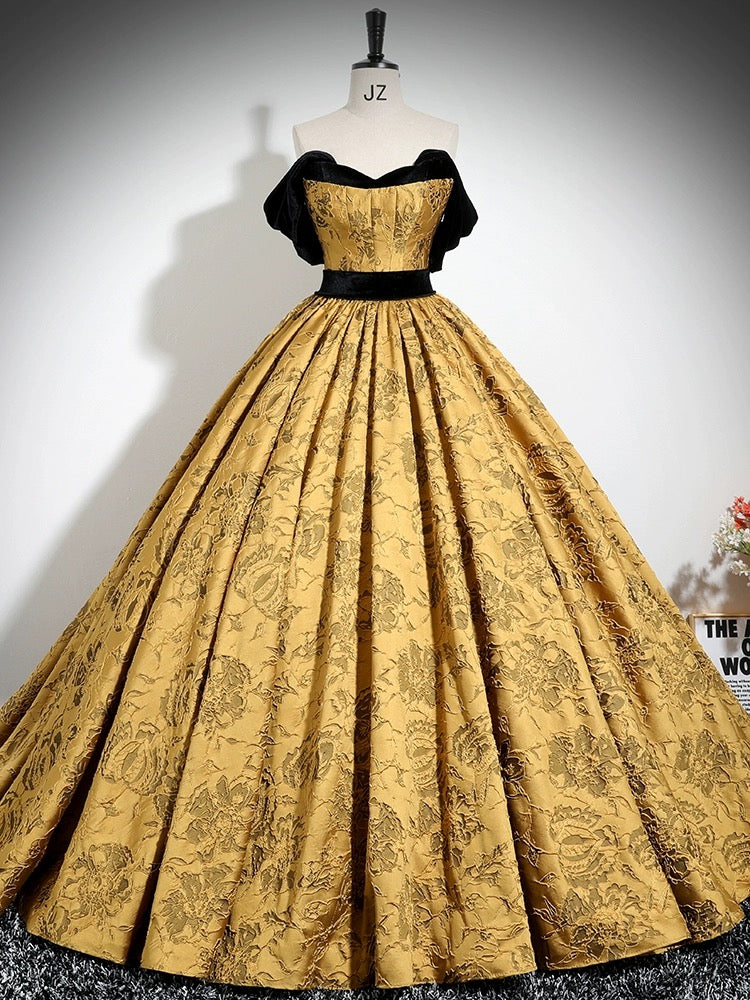 A-Line Off Shoulder Satin Gold Long Prom Dress, Gold Long Formal Dress