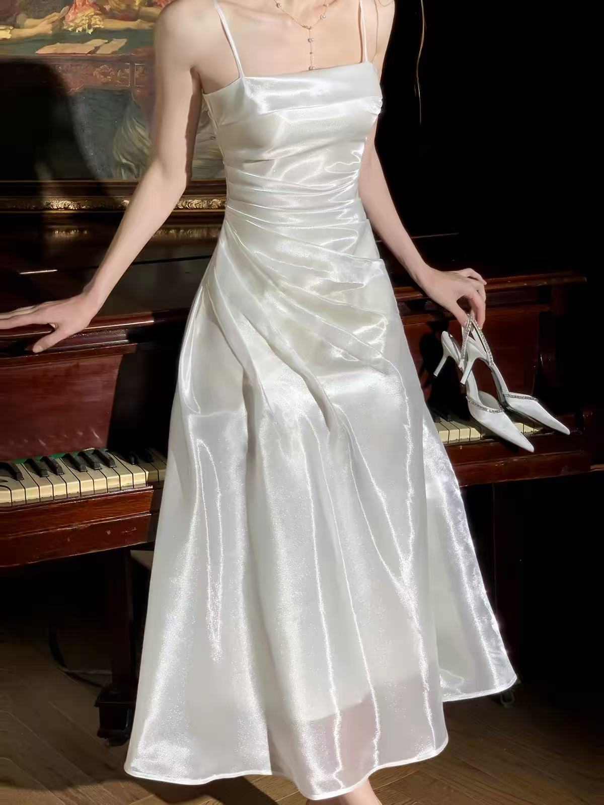White Cowl Neck Spaghetti Strap Ruched Tea Lengt A-Line Prom Dress