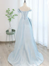 A-Line Off Shoulder Satin Tulle Blue Long Prom Dress, Blue Long Formal Dress