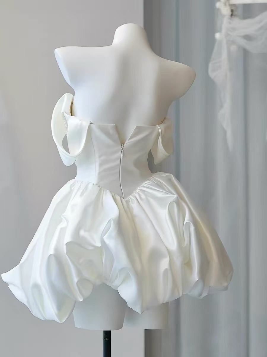 White Off Shoulder Satin Short Prom Dress, White Homecoming Dress
