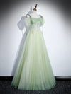 A-Line Tulle Lace Green Long Prom Dress, Green Long Evening Dress