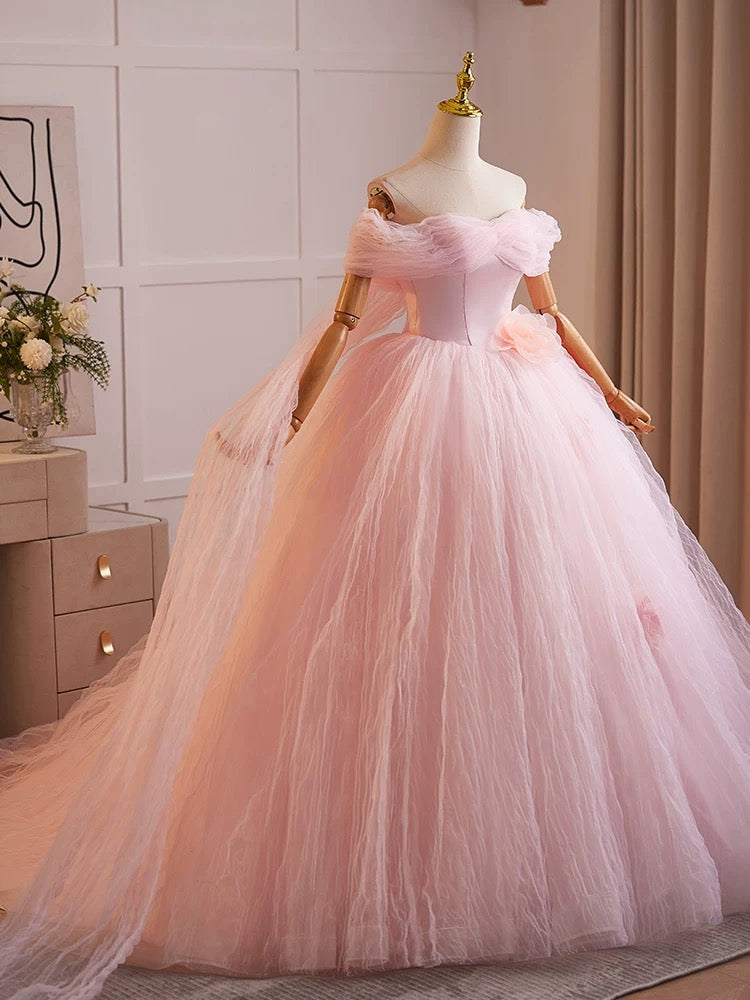 A-Line Off Shoulder Tulle Pink Long Prom Dress, Pink Tulle Long Sweet 16 Dress US 6 / Custom Color A-Line Off Shoulder Tulle Pink Long Prom Dress, Pink Tulle Long Sweet 16 Dress US 6 / Custom Color