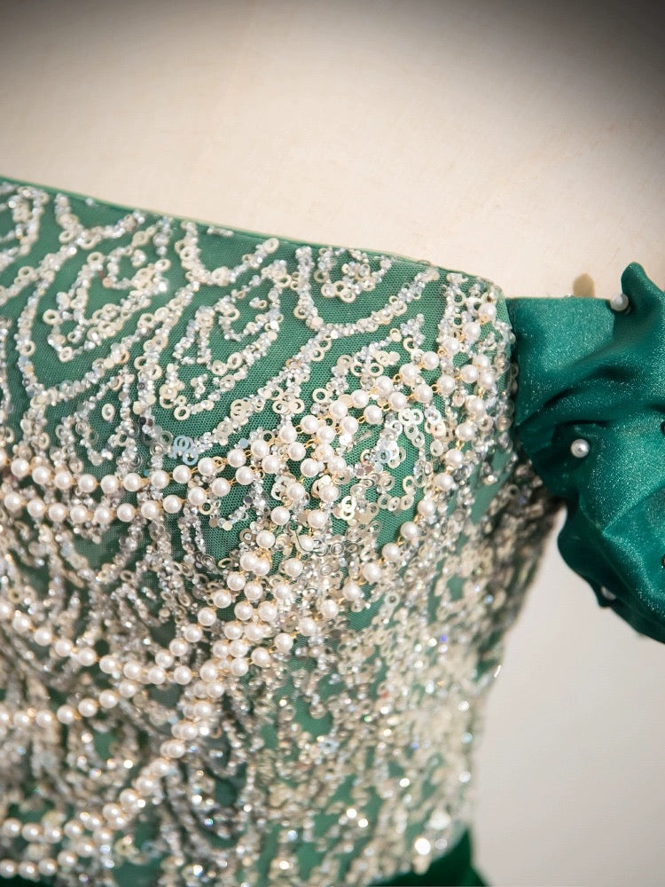 Green Sequin Lace Puffed Sleeve Prom Dresses Velvet Off the Shoulder 90069 - Green / US14 Green Sequin Lace Puffed Sleeve Prom Dresses Velvet Off the Shoulder 90069 - Green / US14