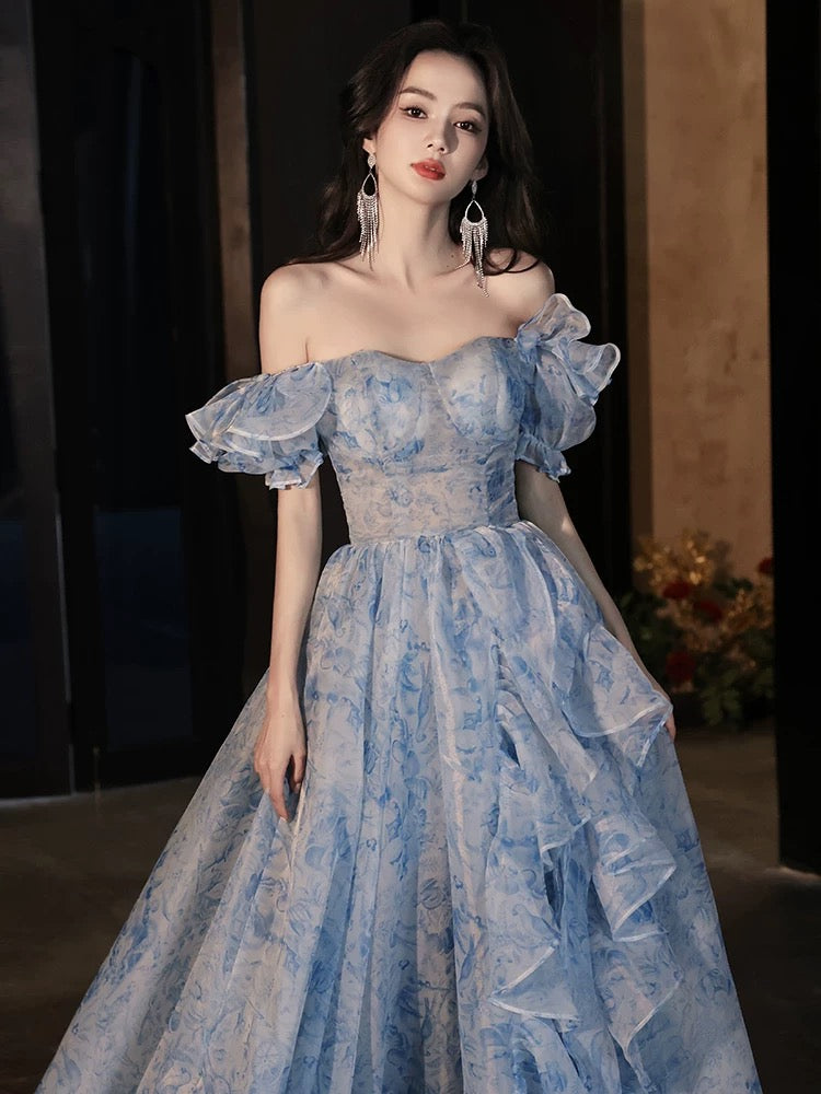 A-Line Off Shoulder Tulle Blue Long Prom Dress, Blue Long Formal Dress