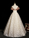 A-Line Off Shoulder Tulle Lace Champagne Long Prom Dress