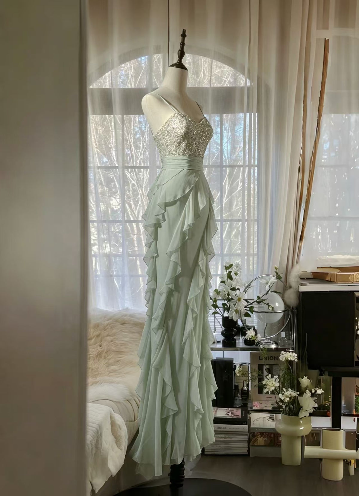 A-line Sweetheart Chiffon Ruffles Long Green Prom Dress with Sequin Beads