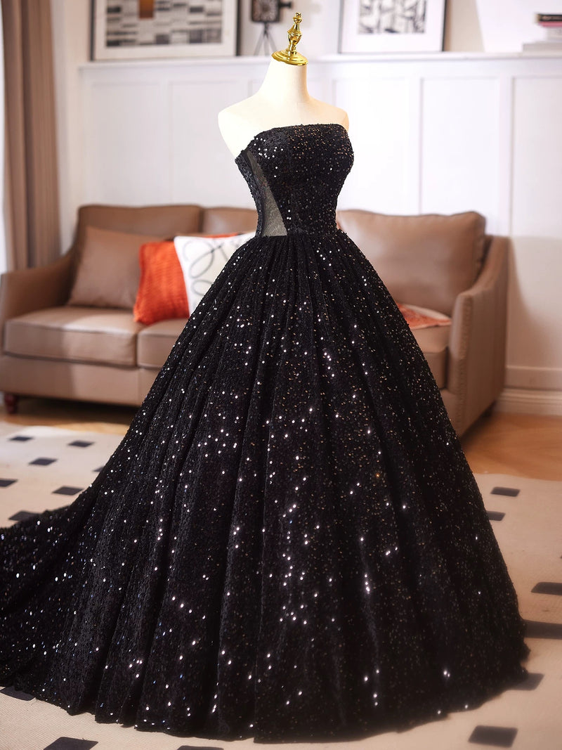 A-Line Velvet Sequin Black Long Prom Dress, Black Long Evening Dress