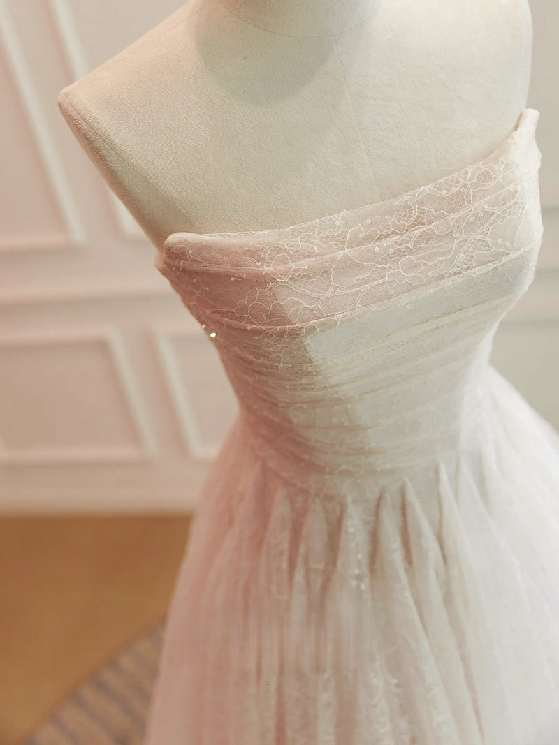 A-Line Tulle Lace Short Prom Dress, Light Champagne Homecoming Dress