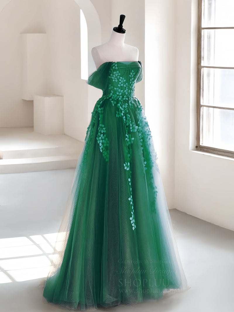 A-line Off Shoulder Emerald Green Tulle Long Prom Dress, Emerald Green Long Formal Dress