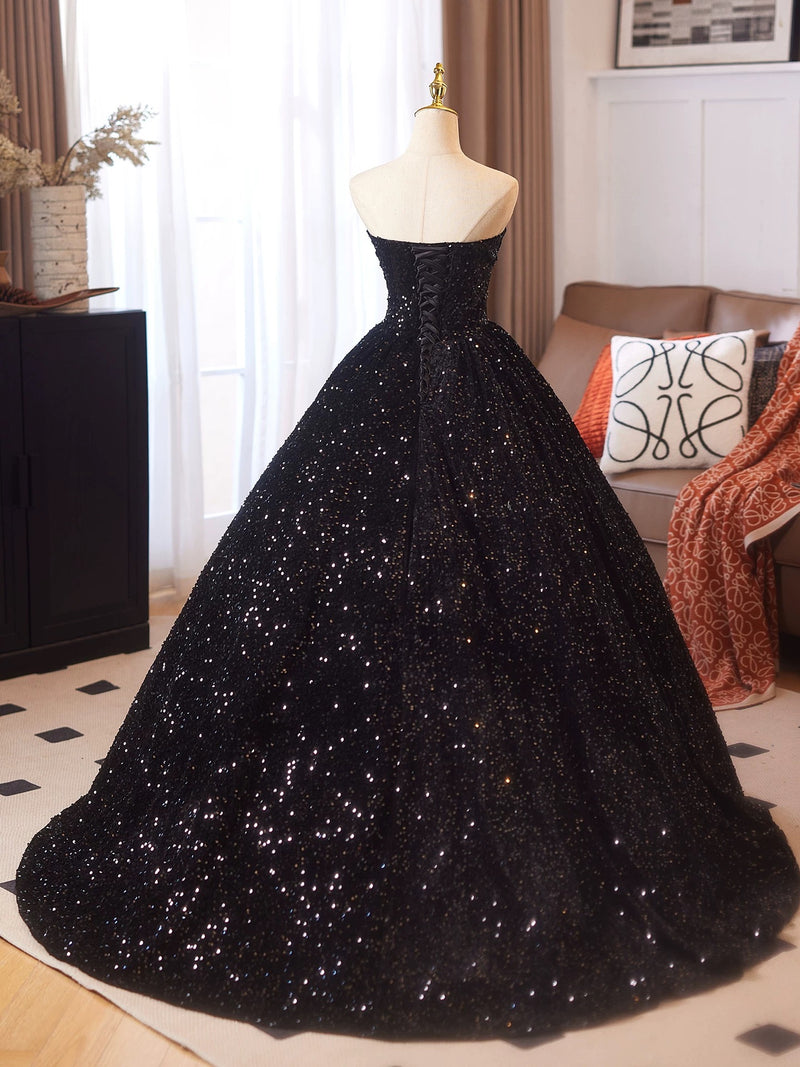A-Line Velvet Sequin Black Long Prom Dress, Black Long Evening Dress