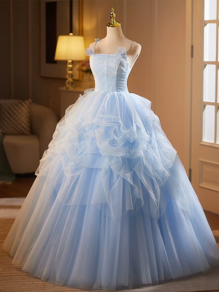 A-Line Tulle Lace Blue Long Prom Dress, Blue Long Formal Dress – shopluu