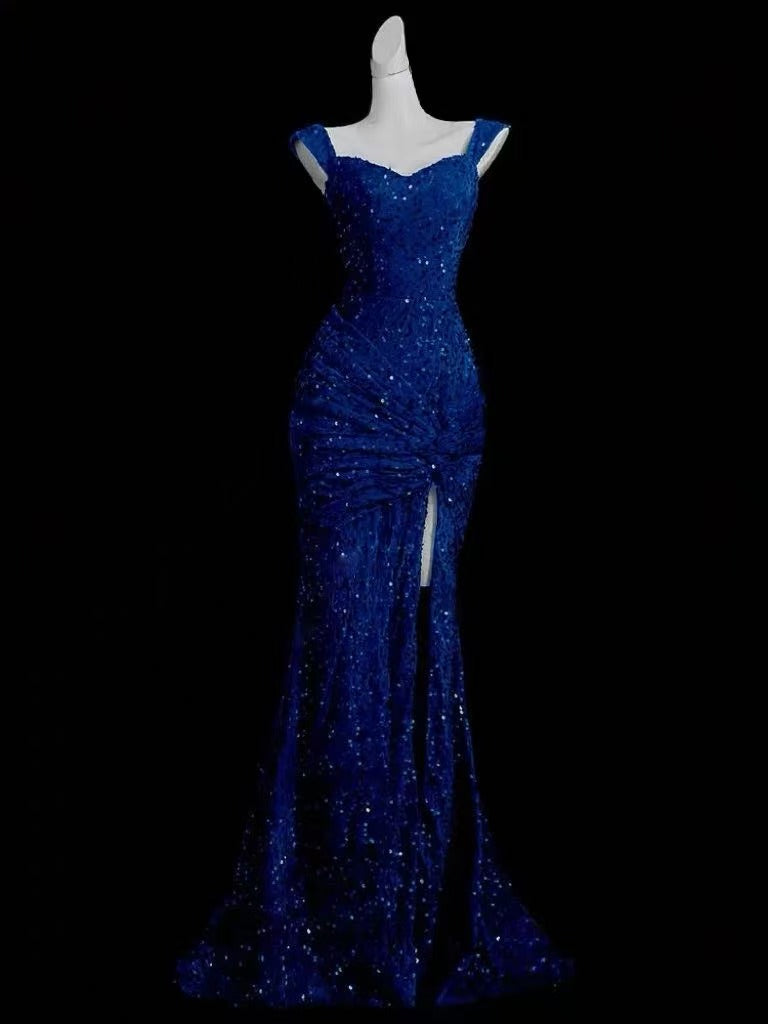 Simple Mermaid Velvet Sequin Blue Long Prom Dress, Blue Formal Dress