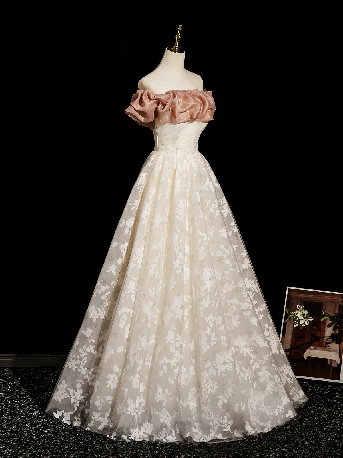 A-Line Off Shoulder Tulle Lace Champagne Long Prom Dress