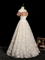 A-Line Off Shoulder Tulle Lace Champagne Long Prom Dress