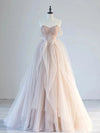 A-Line Off Shoulder Tulle Lace Champagne Pink Long Prom Dress, Lace Long Formal Dress
