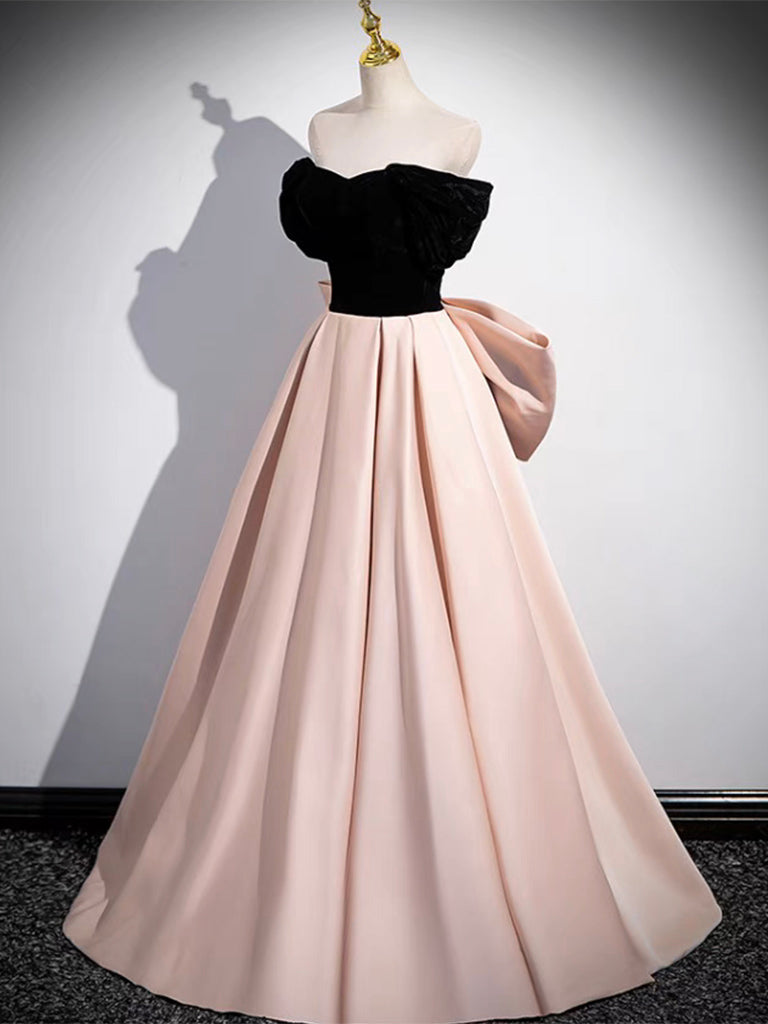 A-Line Off Shoulder Satin Champagne Long Prom Dress, Champagne Long Ev