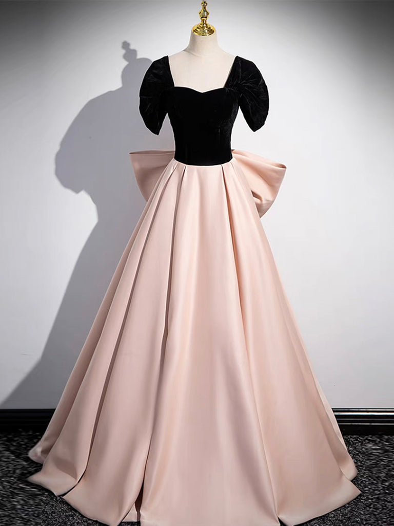 Black Satin and Pink Satin Long Prom Dress, Lovely A-Line Bow Party Evening Dress US 6 / Custom Color Black Satin and Pink Satin Long Prom Dress, Lovely A-Line Bow Party Evening Dress US 6 / Custom Color