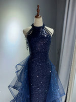 A-Line Tulle Sequin Dark Blue Long Prom Dress, Dark Blue Long Formal Dress