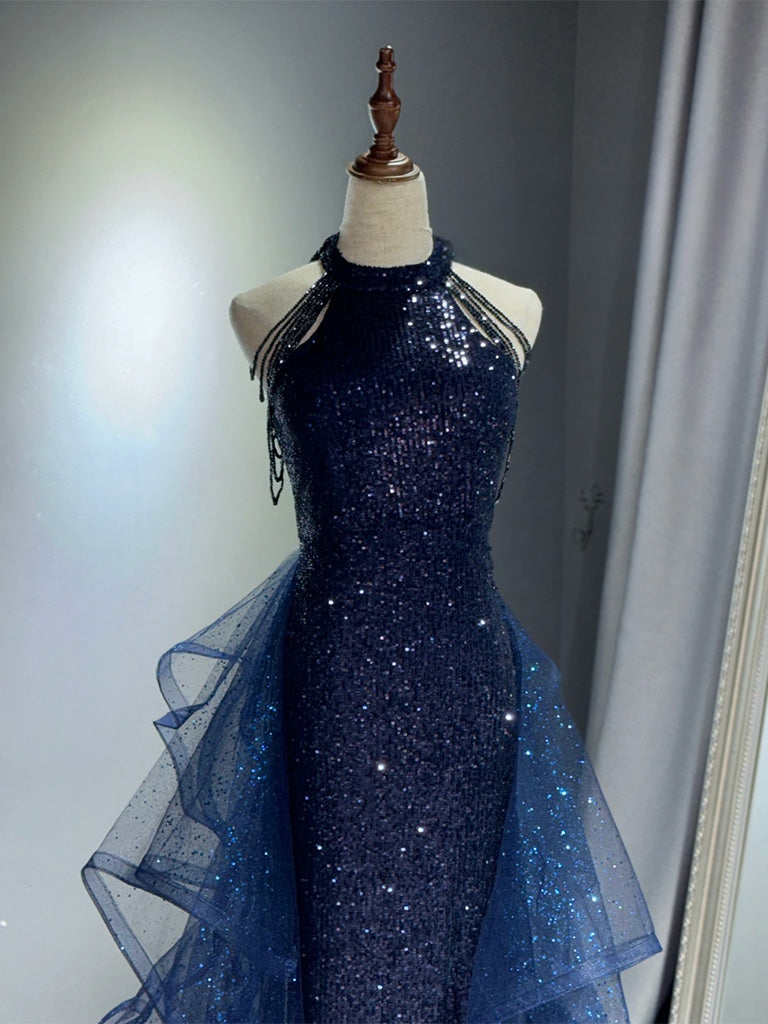 A-Line Tulle Sequin Dark Blue Long Prom Dress, Dark Blue Long Formal Dress