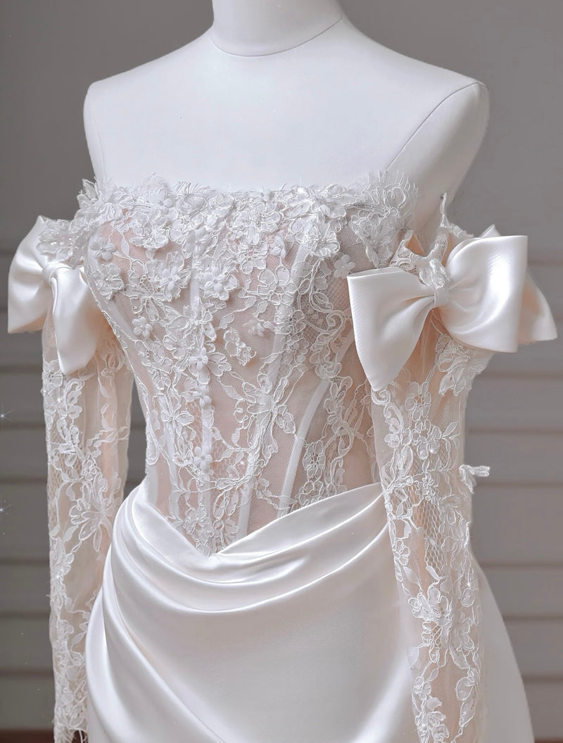 Mermaid Satin Lace ivory Long Formal Dress, ivory Evening Dress
