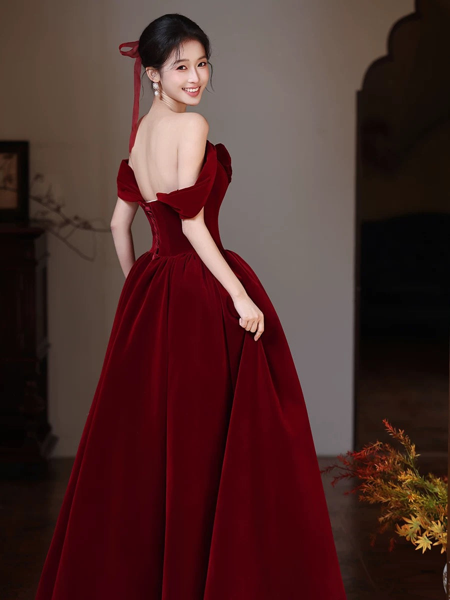 Sweetheart Off Shoulder Velvet Floor Length Burgundy Long Prom Dress