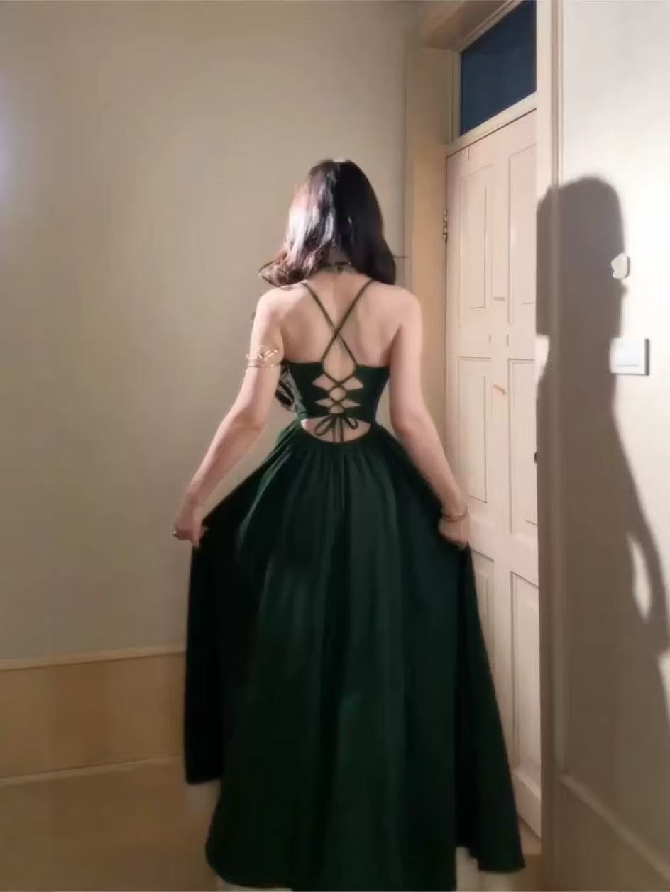 Simple A-line V Neck Floor Length Green Prom Dress, Green Party Dress